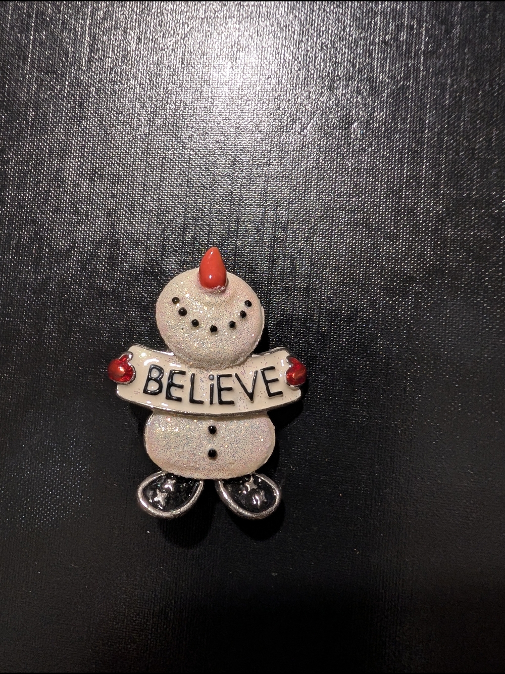Believe Snowman Brooch - Glitter White with Red Accents